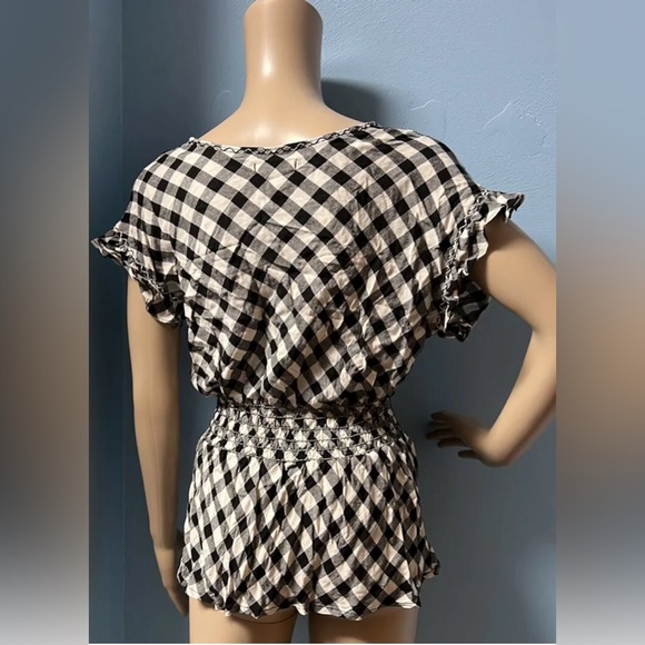 Max Studio Black White Gingham V-Neck Ruffle Sleeve Peplum Blouse Size XS - Picture 4 of 4